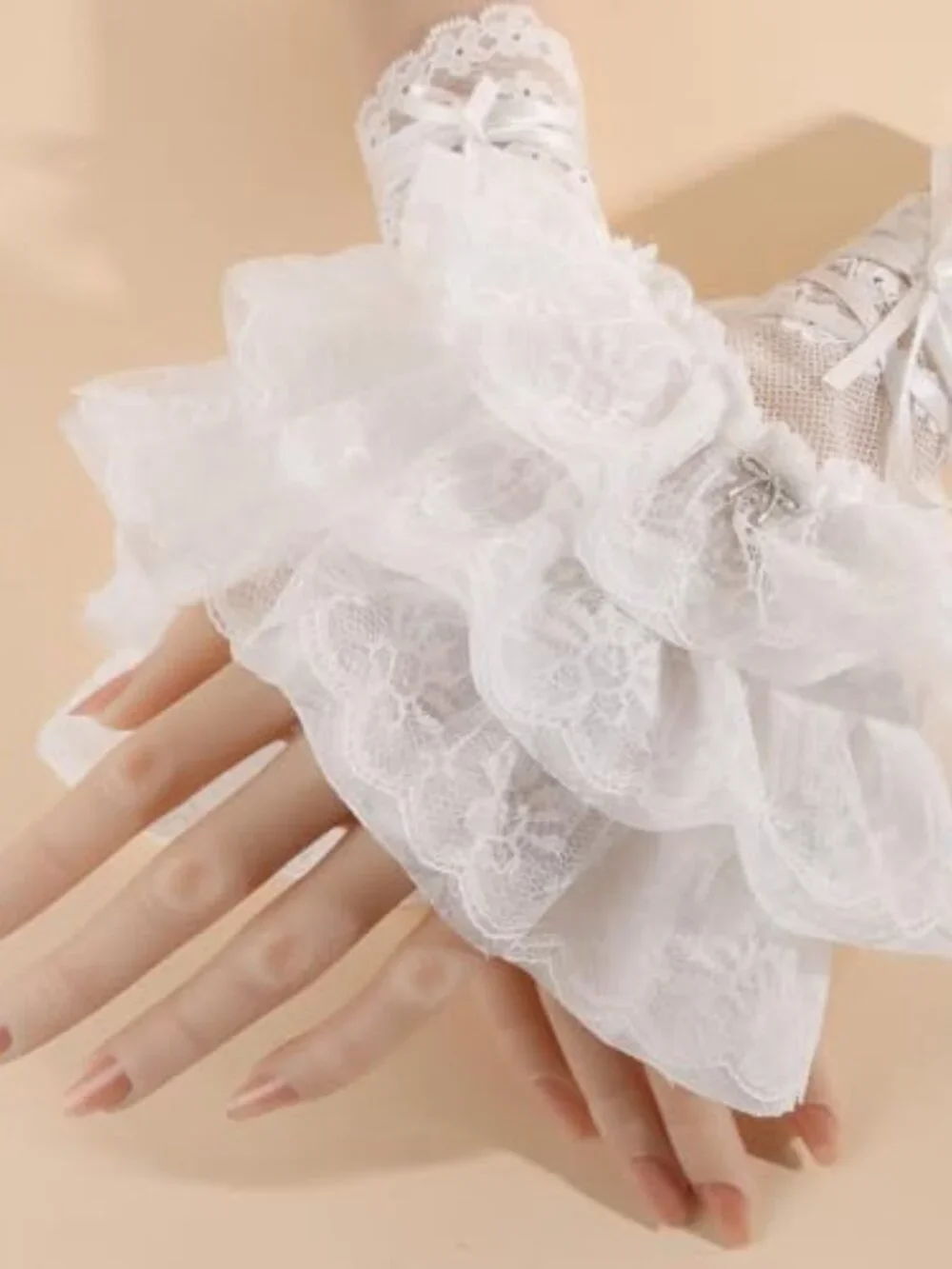 Women Lace Fingerless Gloves Ruffle Bow Cosplay Opera Gloves